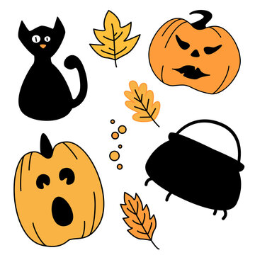 Set of pictures about Halloween hand-drawn. Cute cat, pumpkin, autumn leave. The large size of the raster. Ideal for stickers, creating collages with children, printing, greeting cards, etc.