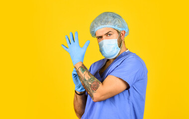 lets start. medical worker ready for vaccination. new virus immunity. coronavirus epidemic in China. healthcare. safety and hygiene. doctor surgeon wear rubber gloves. nurse in respirator mask