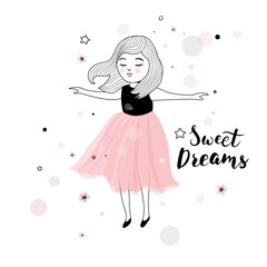 Cute little girl dreams,  posters for baby room, greeting cards, kids and baby t-shirts and wear, hand drawn nursery illustration