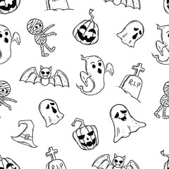 hand draw halloween characters or icons in seamless pattern