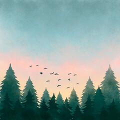 Illustration aquarelle d& 39 un paysage forestier au coucher du soleil
