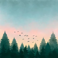 Papier Peint photo Lavable Pour elle Illustration aquarelle d& 39 un paysage forestier au coucher du soleil
