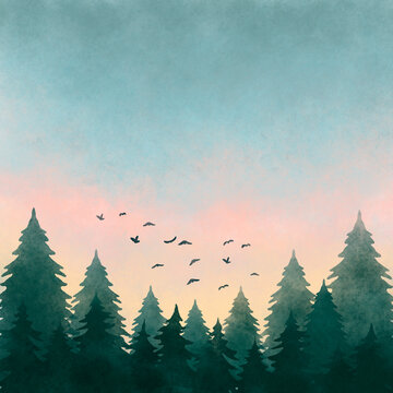 Watercolor illustration of a forest landscape at sunset