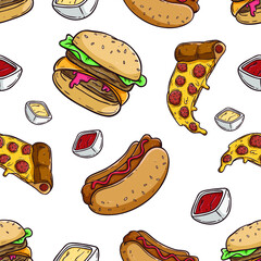 seamless pattern of junk food with doodle style