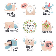 E-mail marketing and News, receiving mail icon set.  Letter advertising concept illustrations with calligraphy text. Perfect for sticker kit, tags. Hand drawn vector.