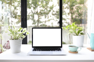 Fototapeta premium Laptop with teal tea cup and tea pot on white table decorated with plant cozy interior work from home 