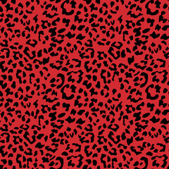 Red leopard print background. Animal seamless pattern with hand drawn leopard spots. Red wallpaper. Vector