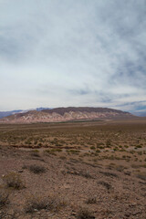 View of the arid desert, sand, colorful hills in the background and vegetation under a beautiful cloudy sky.