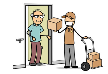 Paketbote mit Mundschutz stellt Paket an Wohnung mit altem Mann zu