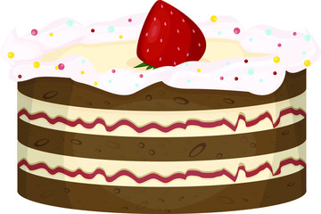 A cake with strawberry and whipped cream on the top.