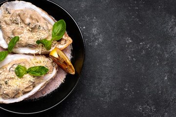 Rapana meat in a creamy cheese sauce in a shell, on a plate, on a dark background