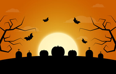 Fototapeta na wymiar Halloween holiday. Halloween stock illustration. Three pumpkins, moon, trees, graves.