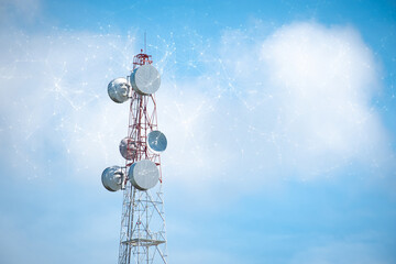Telecommunication tower with mesh dots, glittering particles for wireless telecommunication...