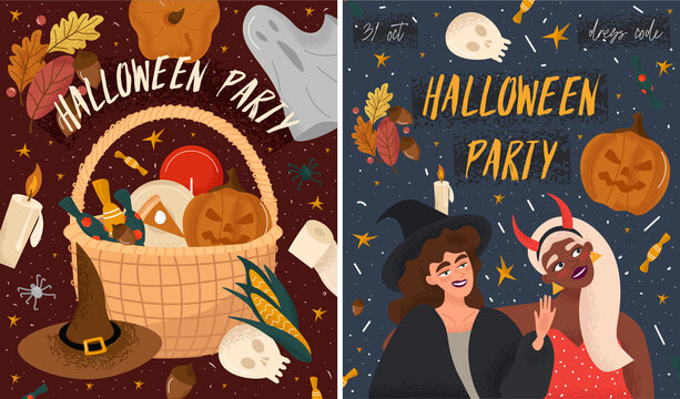 Set of Halloween party posters in cartoon style. Bright festive vector posters with female student friends of different races in witch and devil costumes and halloween sweets, pumpkin, corn and skull 