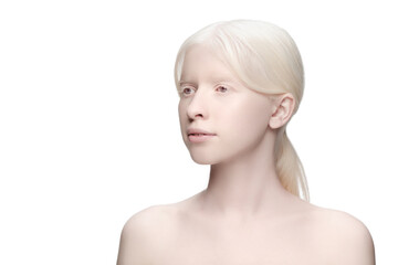 Purity. Portrait of beautiful albino woman isolated on white studio background. Beauty, fashion,...