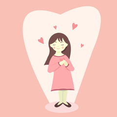 Cute girl with love in her heart. Vector illustration for love yourself, body positive and harmony. St Valentine's day card