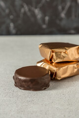 Homemade chocolate alfajores, typical of Argentina, marble background with copy space