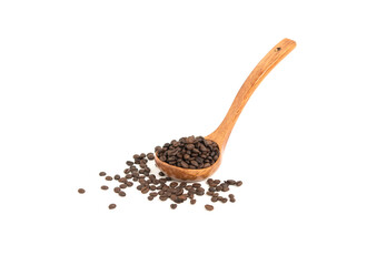 Coffee beans are strewed in a spoon wood for coffee on a white background