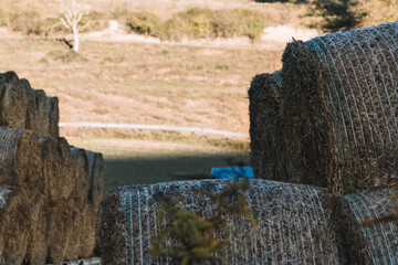 Piled straw bales in the Spanish countryside in autumn season
