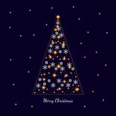 Christmas card on dark background. Xmas tree decorated with snowflakes and light garlands. Horizontal posters, website. Holiday decoration. Vector illustration.