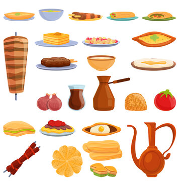 Turkish food icons set. Cartoon set of turkish food vector icons for web design