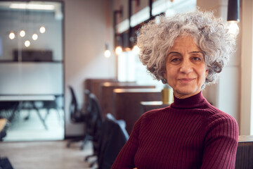 Head And Shoulders Portrait Of Smiling Mature Businesswoman  Working In Modern Office