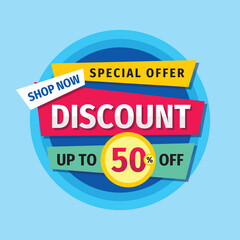 Discount up to 50% off concept banner. Sale concept poster. Special offer. Shop now. Vector illustration. 
