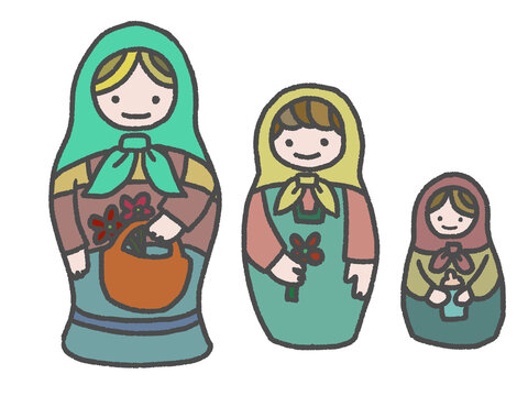 かわいらしいマトリョーシカの手描きイラスト 灰色の線画 白バック Stock Illustration Adobe Stock