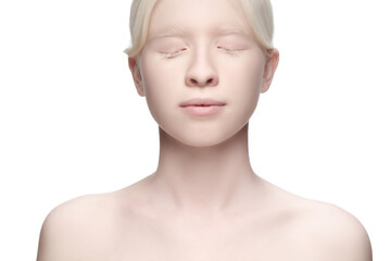 Innocent. Portrait of beautiful albino woman isolated on white studio background. Beauty, fashion, skincare, cosmetics concept. Copyspace. Well-kept skin, fresh look. Inclusion and diversity. - obrazy, fototapety, plakaty