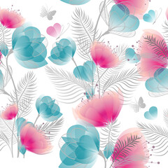 Seamless background with delicate blue and pink flowers. Vector illustration