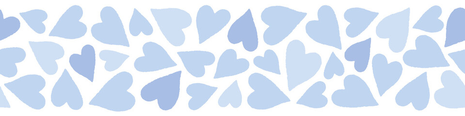 Heart pattern border design. Textured vector seamless repeat banner in blue. Cute illustration ideal for baby and child projects.