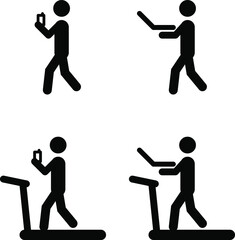 People icons: walk and work with smart phone and laptop, on a treadmill even.