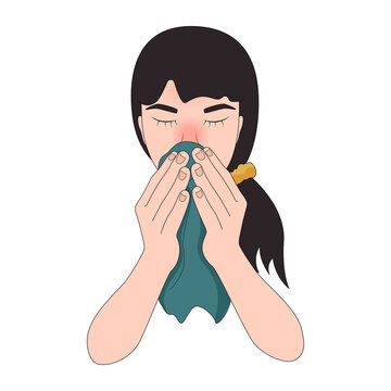 sick woman blowing nose with teal cloth clip art preview