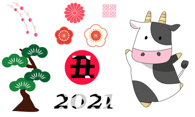 2021年　年賀状素材　丑年セット02