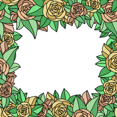 Frame square design with flowers and abstract leaves on a white background. Hand-drawn floral large jpeg. Space for text. Ready-made template for a postcard, banner, web, poster, etc.