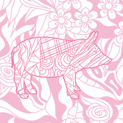 Fototapeta na wymiar Square pattern on white. Hand drawn ornate pig. Design for spiritual relaxation for adults