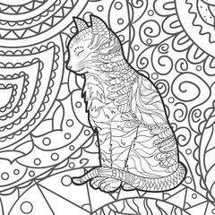 Square intricate background. Hand drawn cat. Design for spiritual relaxation for adults. Black and white illustration