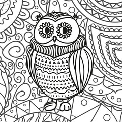 Square ornate pattern with owl. Hand drawn background. Black and white illustration