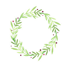 Merry Christmas wreath.Watercolor illustration. Christmas laurel wreath. Perfect for invitations, greeting cards, blogs, posters and more. Xmas and happy new year.Green und red berries.For textile.