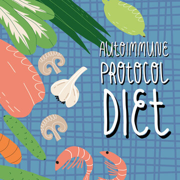 Autoimmune Protocol Diet Banner. Tartan Tablecloth, Chicken Breast Fillet, Shrimps, Vegetables And Greens, Lime. 