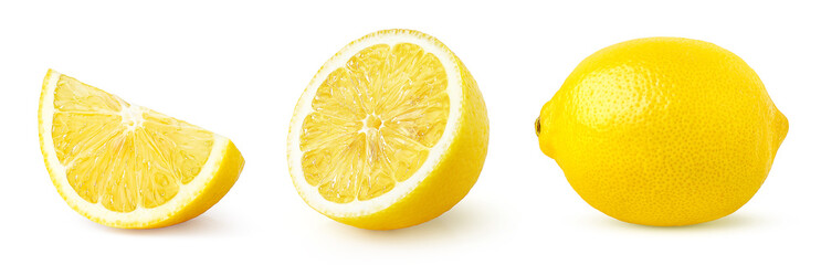 Set of whole, half and slice of lemon fruit isolated on white background - obrazy, fototapety, plakaty