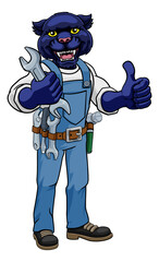 A panther cartoon animal mascot plumber, mechanic or handyman builder construction maintenance contractor holding a spanner or wrench and giving a thumbs up