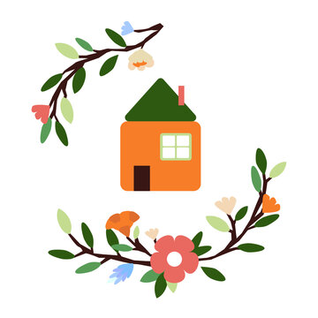 illustration of a house with flowers on white background