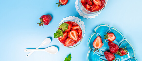 Traditional Italian dessert panna cotta with strawberry jelly. Summer yogurt dessert. Long banner format. space for text
