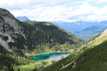 Naklejka na ściany i meble Turquoise shining Seebensee in the Austrian Alps close to Ehrwald in Tyrol 