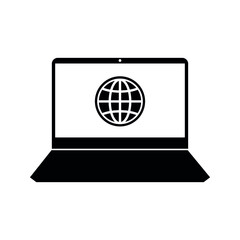 Globe on screen of laptop icon flat style in trendy design isolated. vector illustration