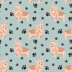 Vector seamless pattern with the image of beautiful Corgi dogs and dog tracks on a blue background. Design for printing cards, invitations, poster, wrapping paper, fabric, bedding, clothes, textiles.