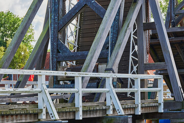 Detailed view of one of the oldest and still functional wooden bascule bridges in Greifswald, Germany.