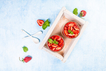Traditional Italian dessert panna cotta with strawberry jelly. Summer yogurt dessert. banner,...