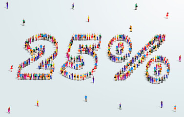 Number 25 Percent. Large group of people form to create a shape 25%. Special Offer Sale Design. Vector Illustration of advertising banner.